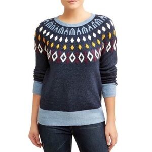 Time & Tru Soft Fair Isle Knit Sweater Blue Yellow Red Winter Holiday Large